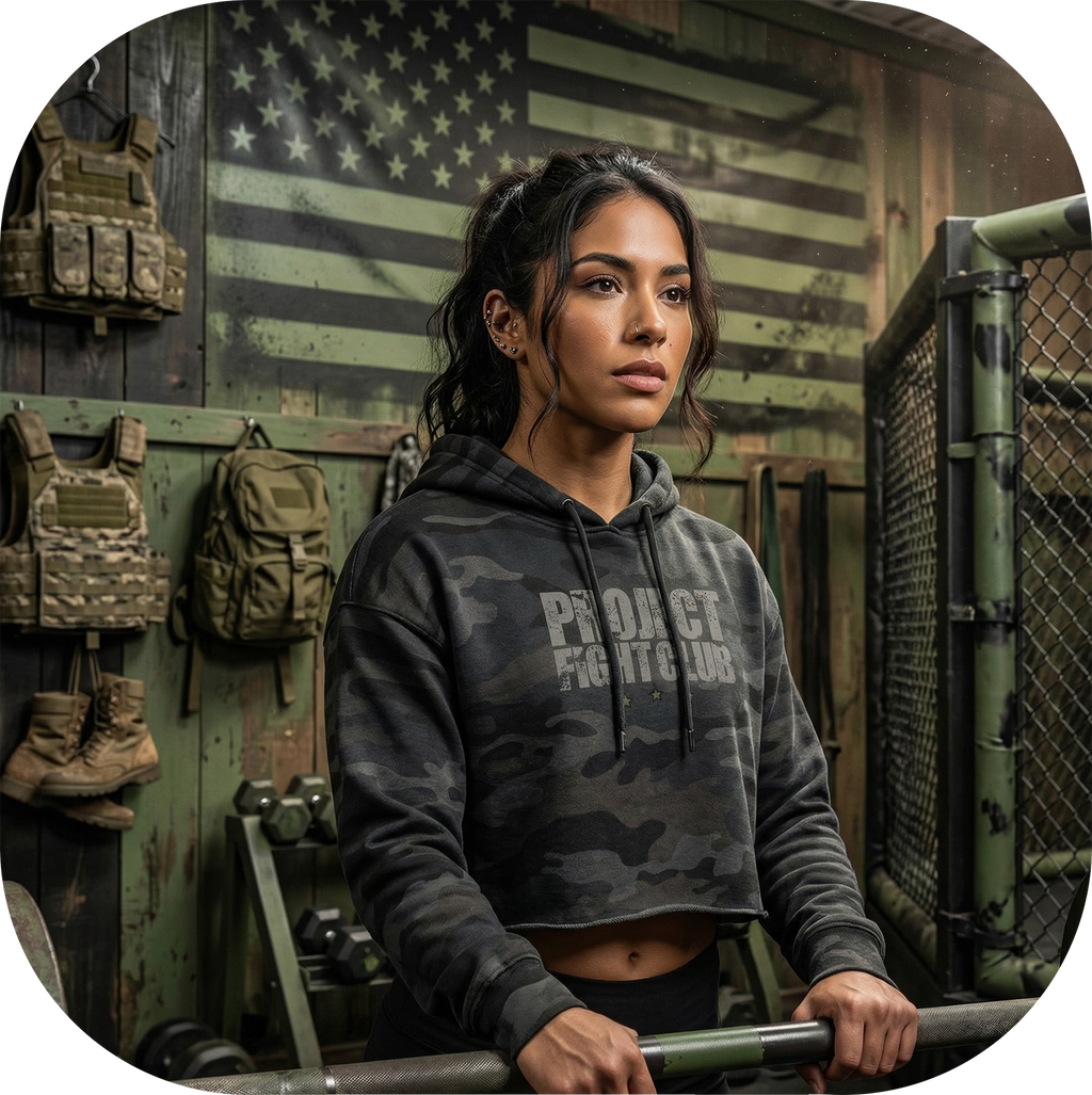 WOMENS BLACK CAMO CROP HOODIE - HONOR SOLDIERS & VETERANS