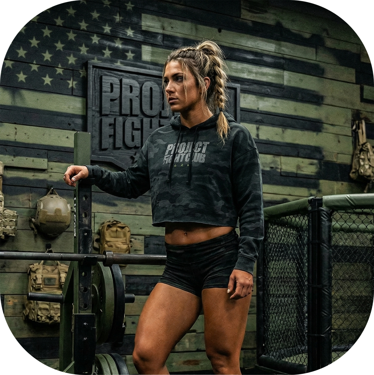 WOMENS BLACK CAMO CROP HOODIE - HONOR SOLDIERS & VETERANS