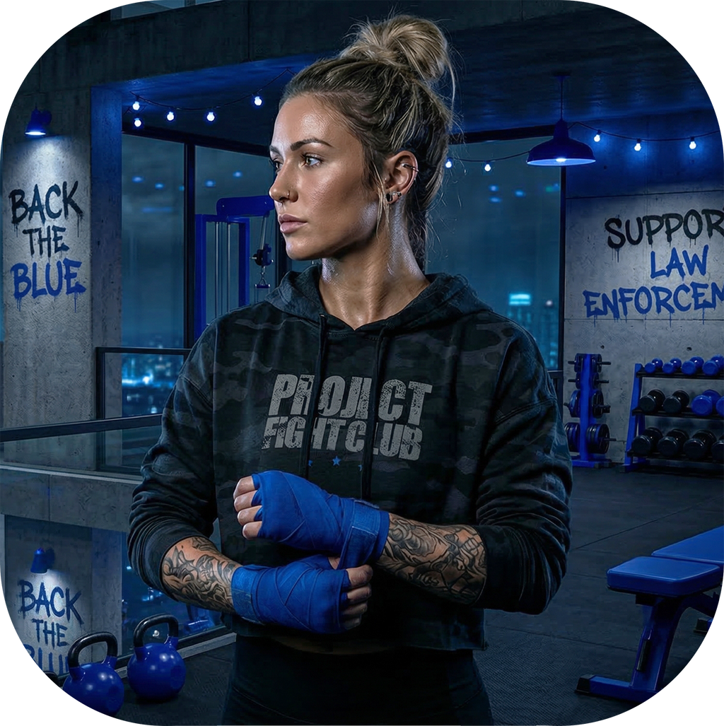 WOMENS BLACK CAMO CROPPED HOODIE - SUPPORT POLICE