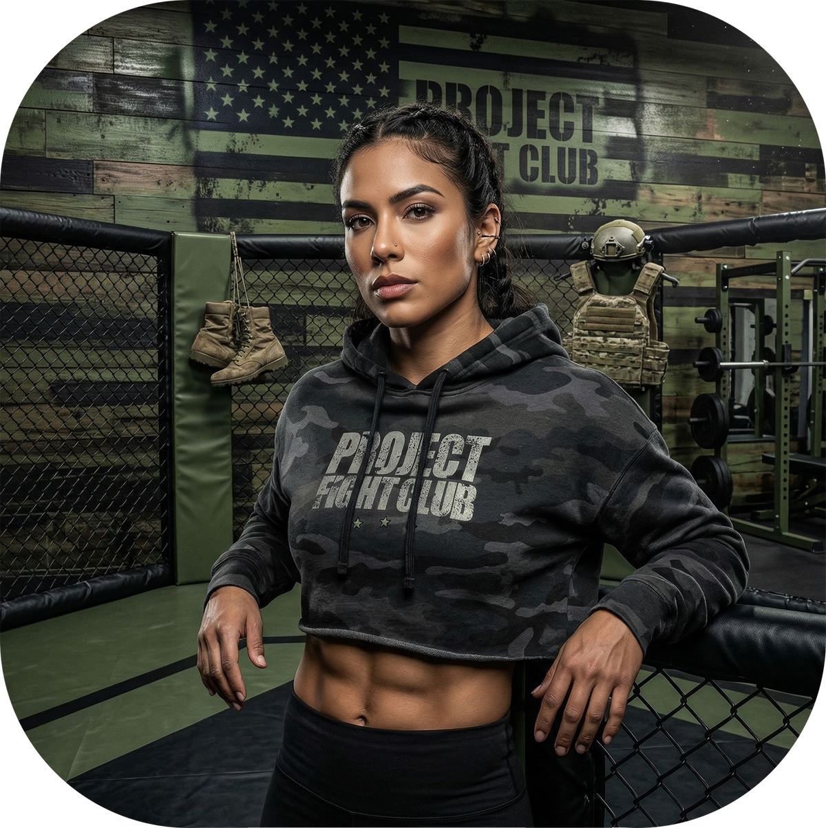 WOMENS BLACK CAMO CROP HOODIE - HONOR SOLDIERS & VETERANS