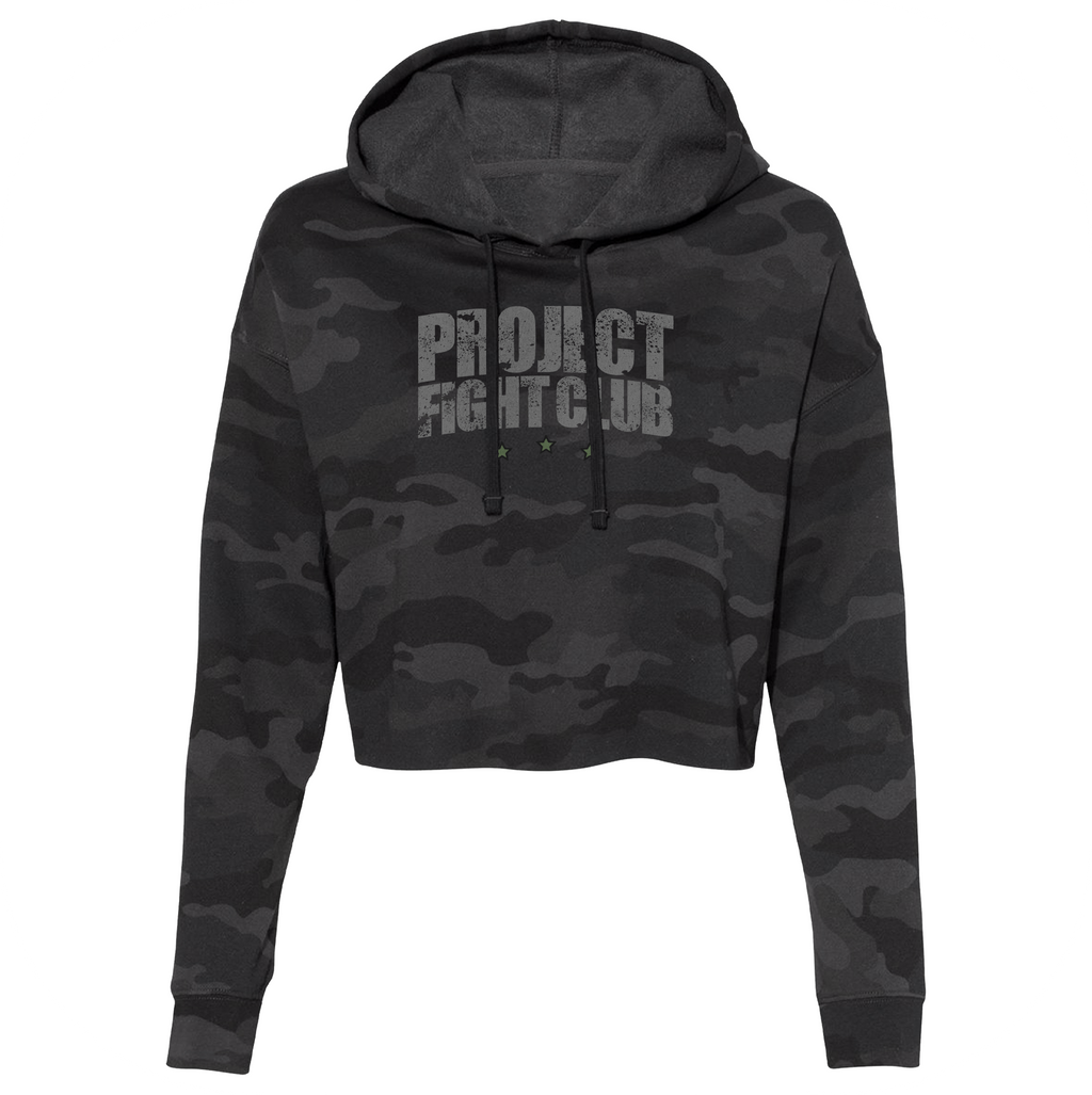 WOMENS BLACK CAMO CROP HOODIE - HONOR SOLDIERS & VETERANS