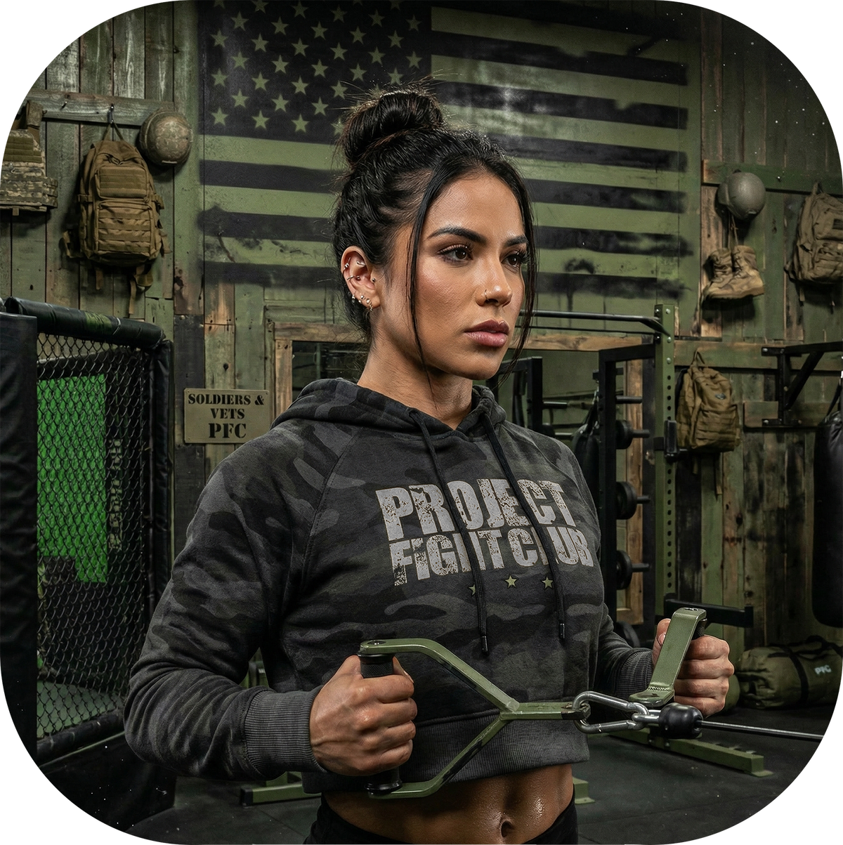 WOMENS BLACK CAMO CROP HOODIE - HONOR SOLDIERS & VETERANS