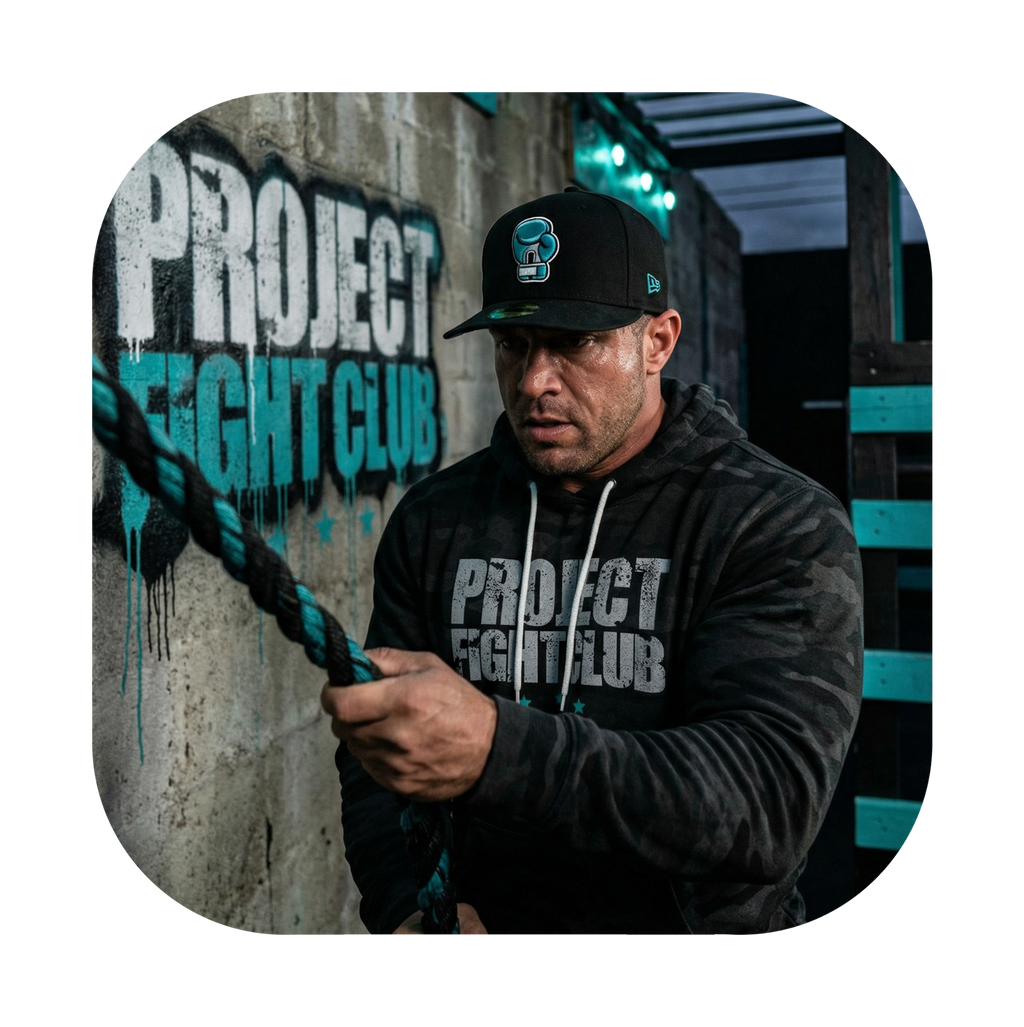 Man wearing a black hoodie and cap with 'Project Fight Club' branding, holding a rope.