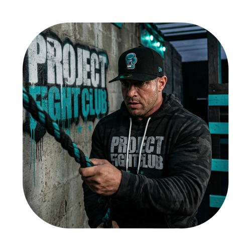 Man wearing a black hoodie and cap with 'Project Fight Club' branding, holding a rope.