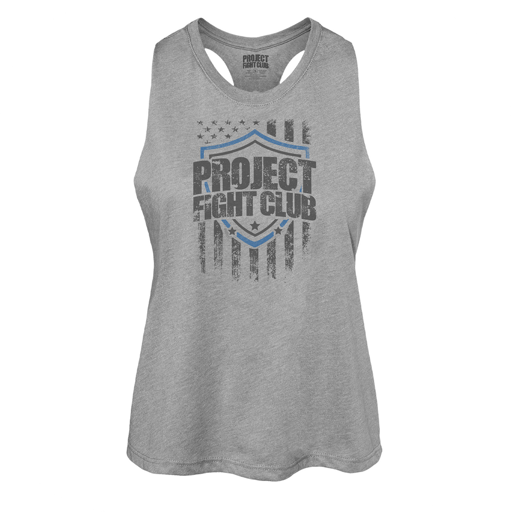 WOMENS GREY RACERBACK CROPPED TANK - SUPPORT POLICE