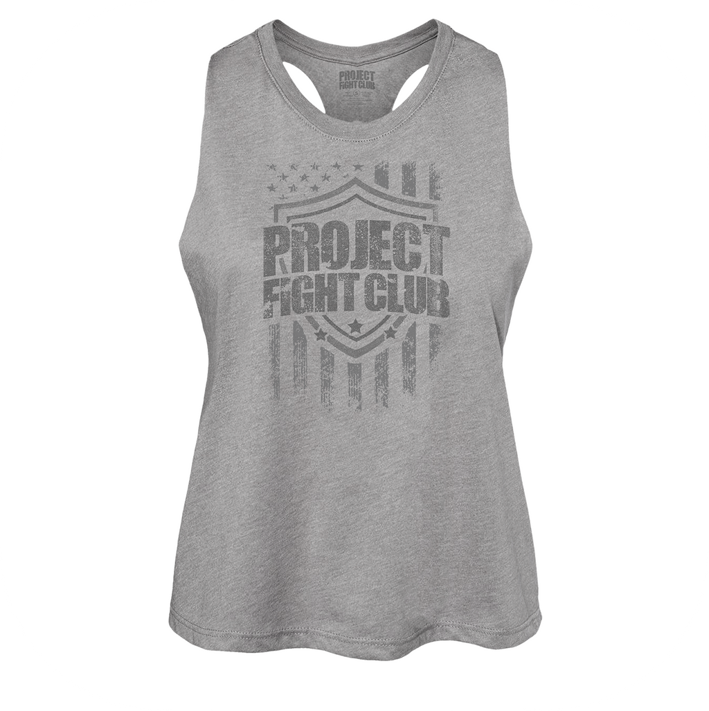 WOMENS GREY RACERBACK CROP TANK - HONOR SOLDIERS & VETERANS