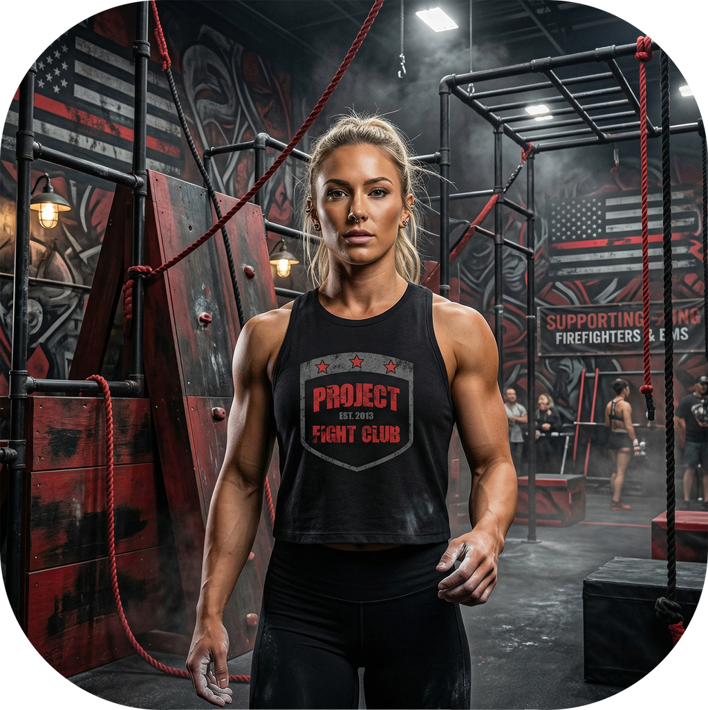 BLACK CROPPED RACERBACK TANK #2 - HONOR FIREFIGHTERS & EMTs