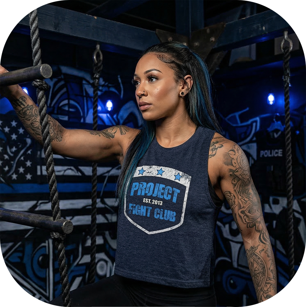 WOMENS NAVY RACERBACK CROPPED TANK #2 - SUPPORT POLICE
