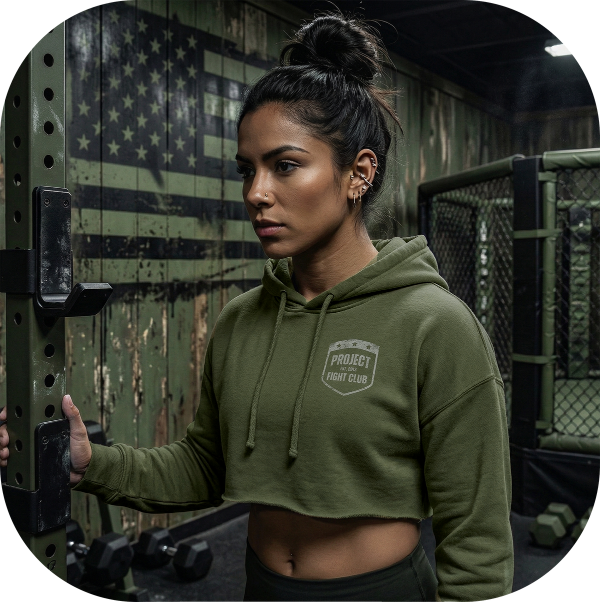 WOMENS MILITARY GREEN CROP HOODIE - HONOR SOLDIERS & VETERANS