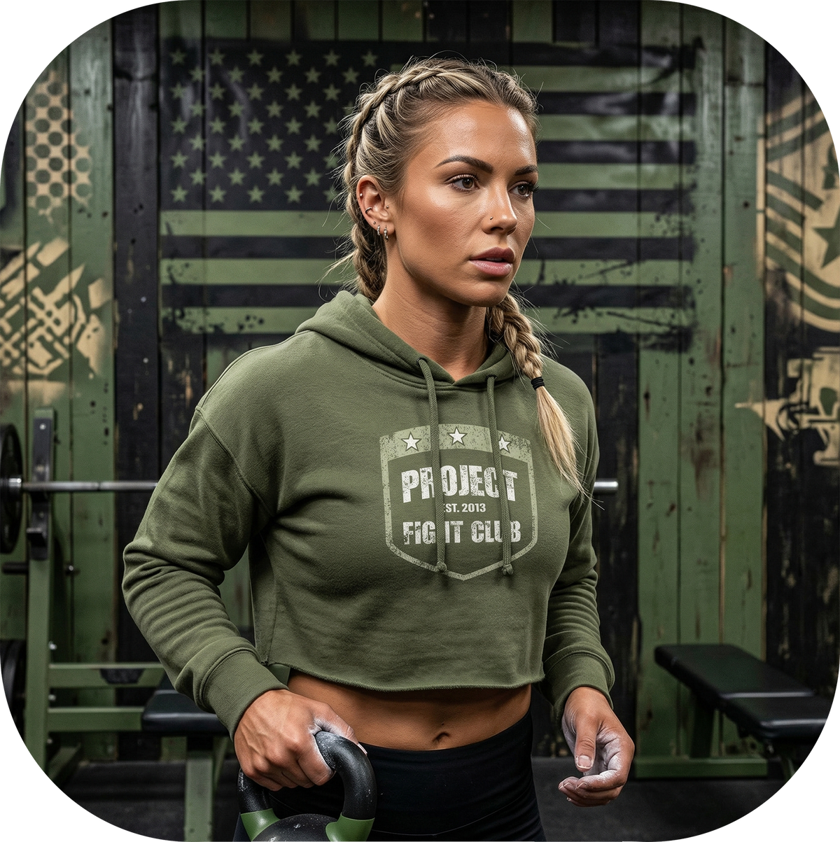 WOMENS MILITARY GREEN CROP HOODIE 2 - HONOR SOLDIERS & VETERANS
