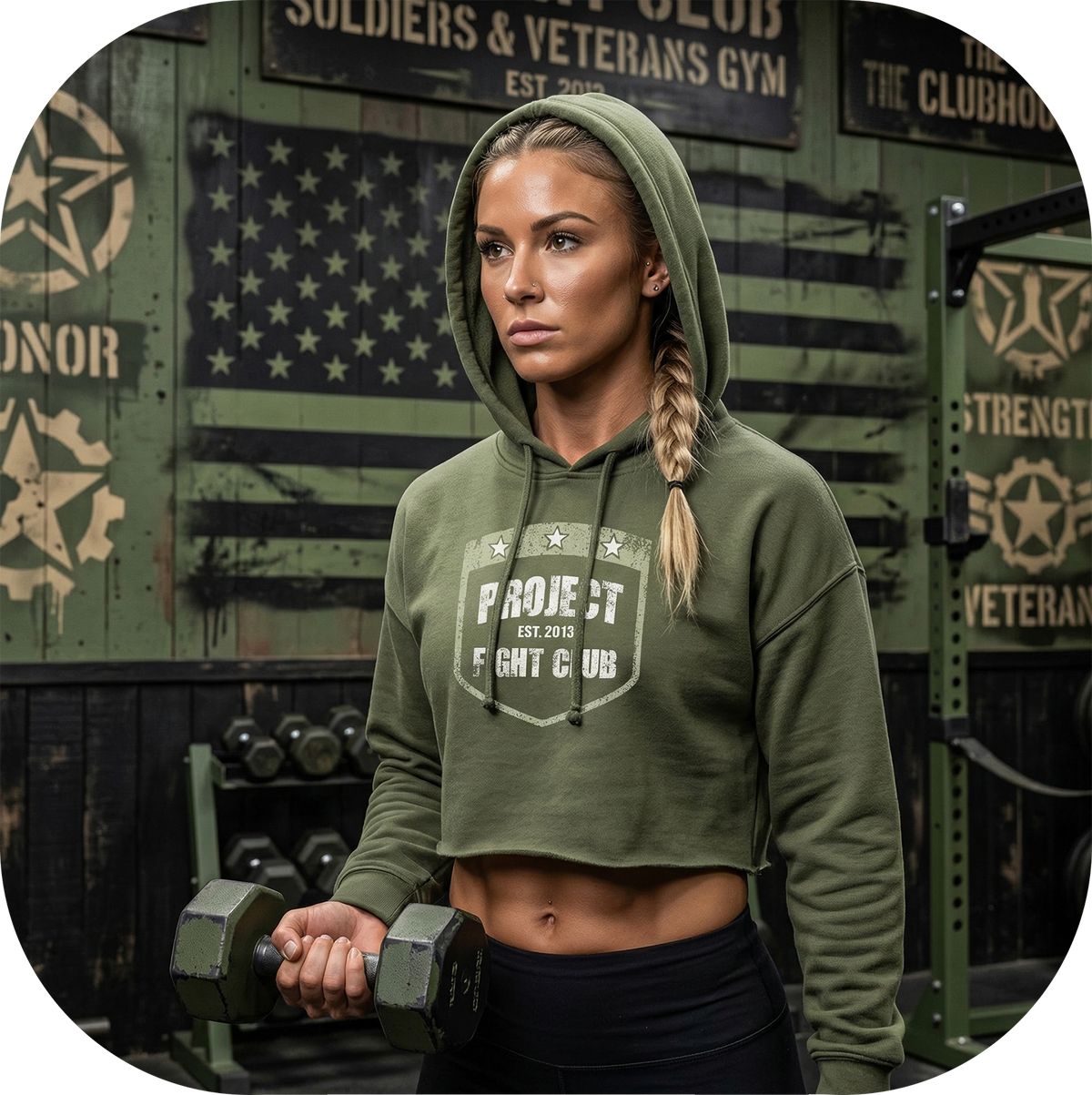 WOMENS MILITARY GREEN CROP HOODIE 2 - HONOR SOLDIERS & VETERANS