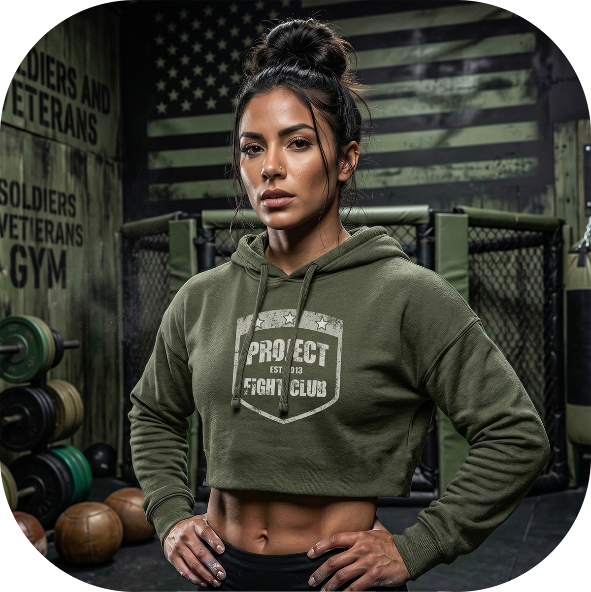 WOMENS MILITARY GREEN CROP HOODIE 2 - HONOR SOLDIERS & VETERANS