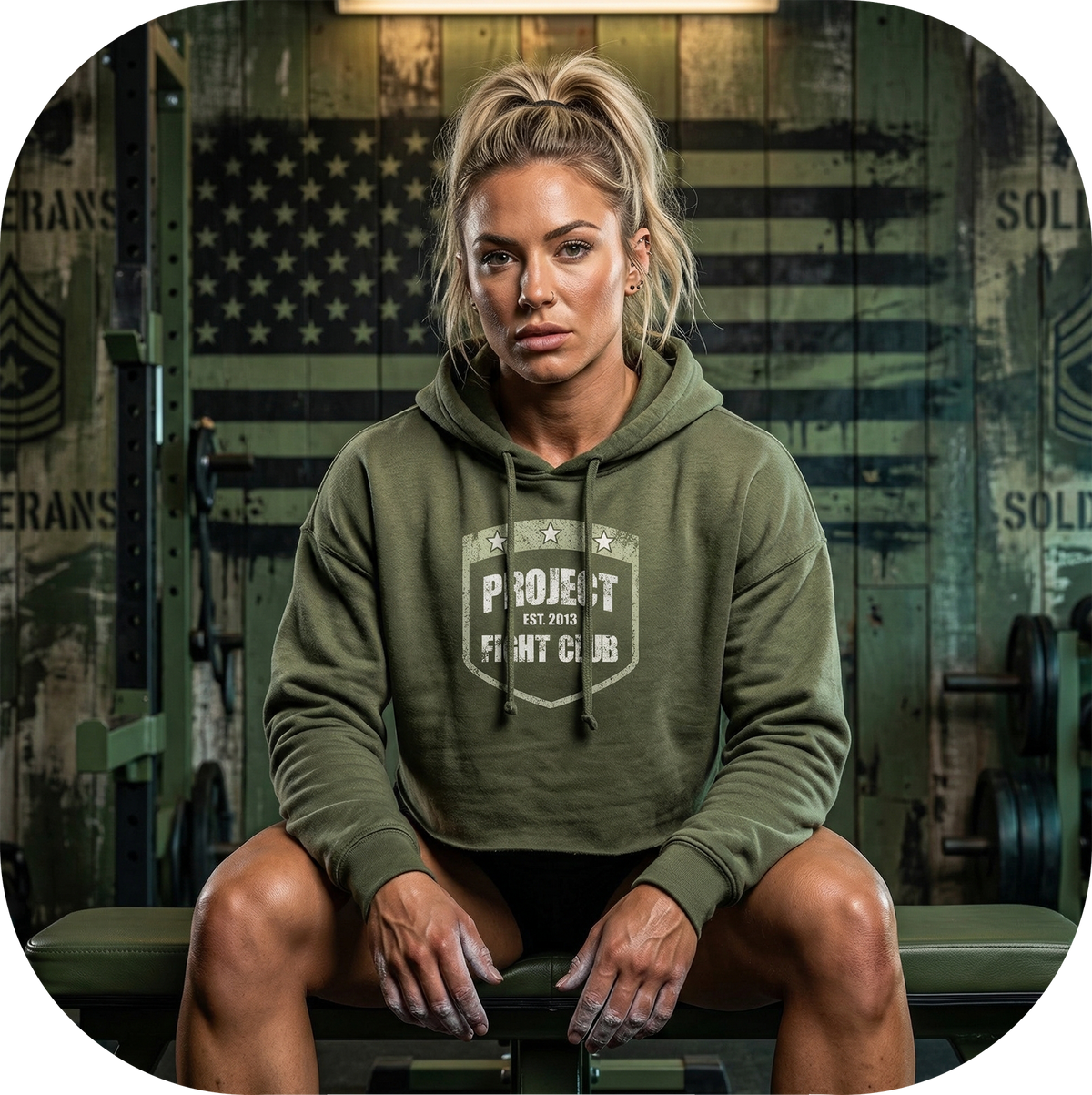 WOMENS MILITARY GREEN CROP HOODIE 2 - HONOR SOLDIERS & VETERANS