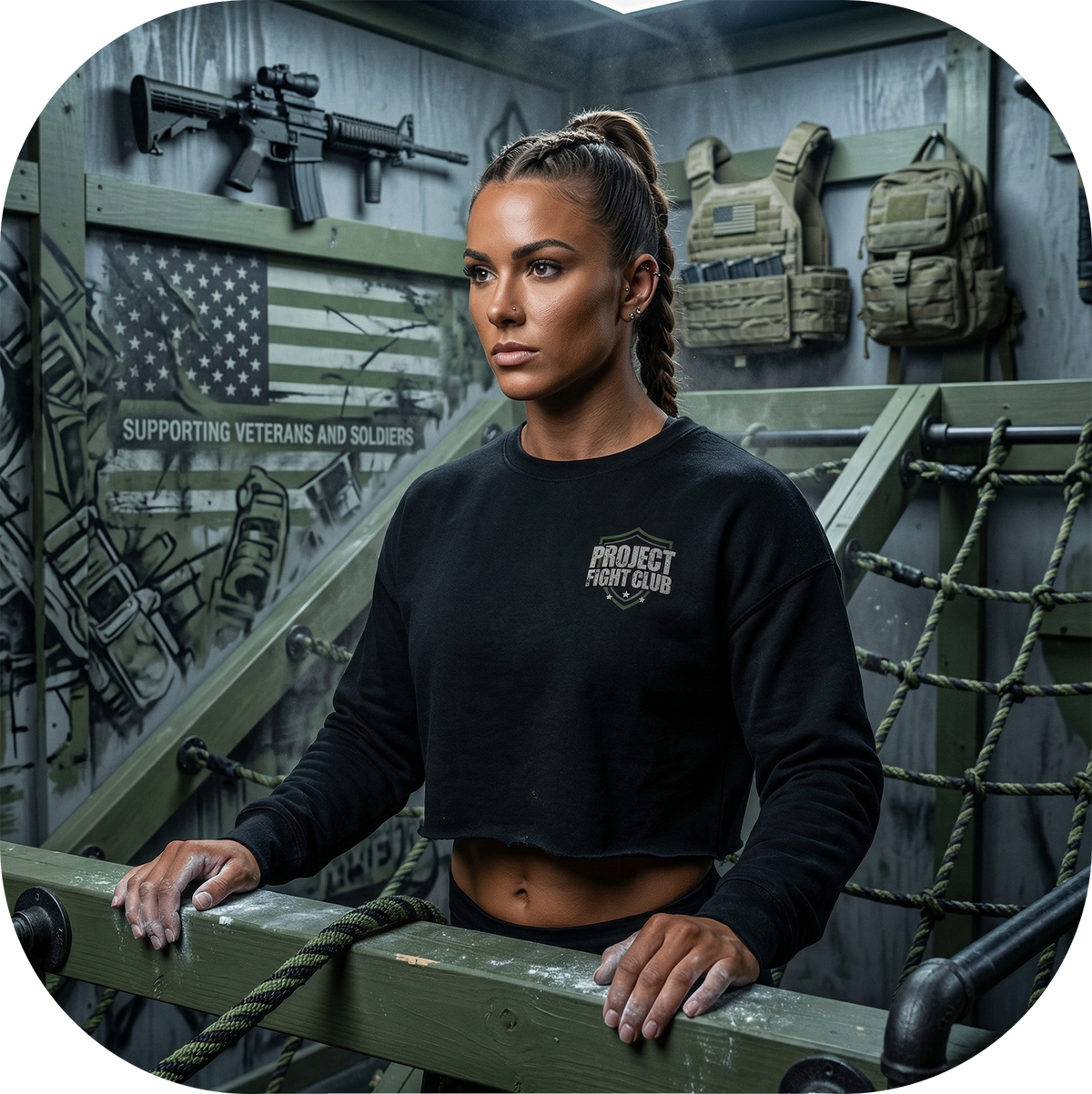 WOMENS BLACK CROP RAGLAN FLEECE - HONOR SOLDIERS & VETERANS