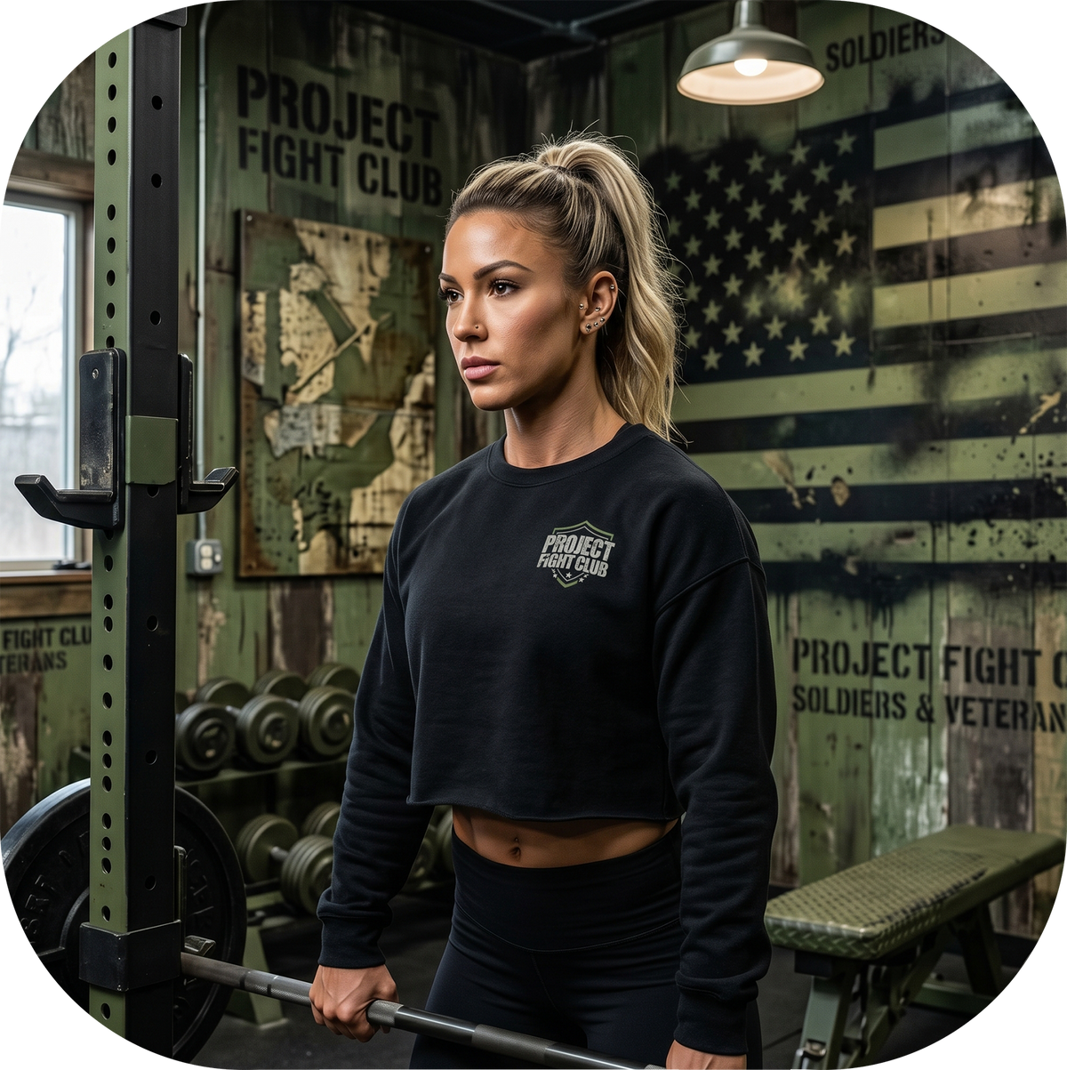 WOMENS BLACK CROP RAGLAN FLEECE - HONOR SOLDIERS & VETERANS