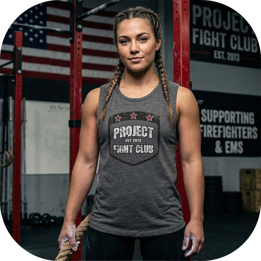 WOMENS DARK GREY MUSCLE TANK #2 - HONOR FIREFIGHTERS & EMTs