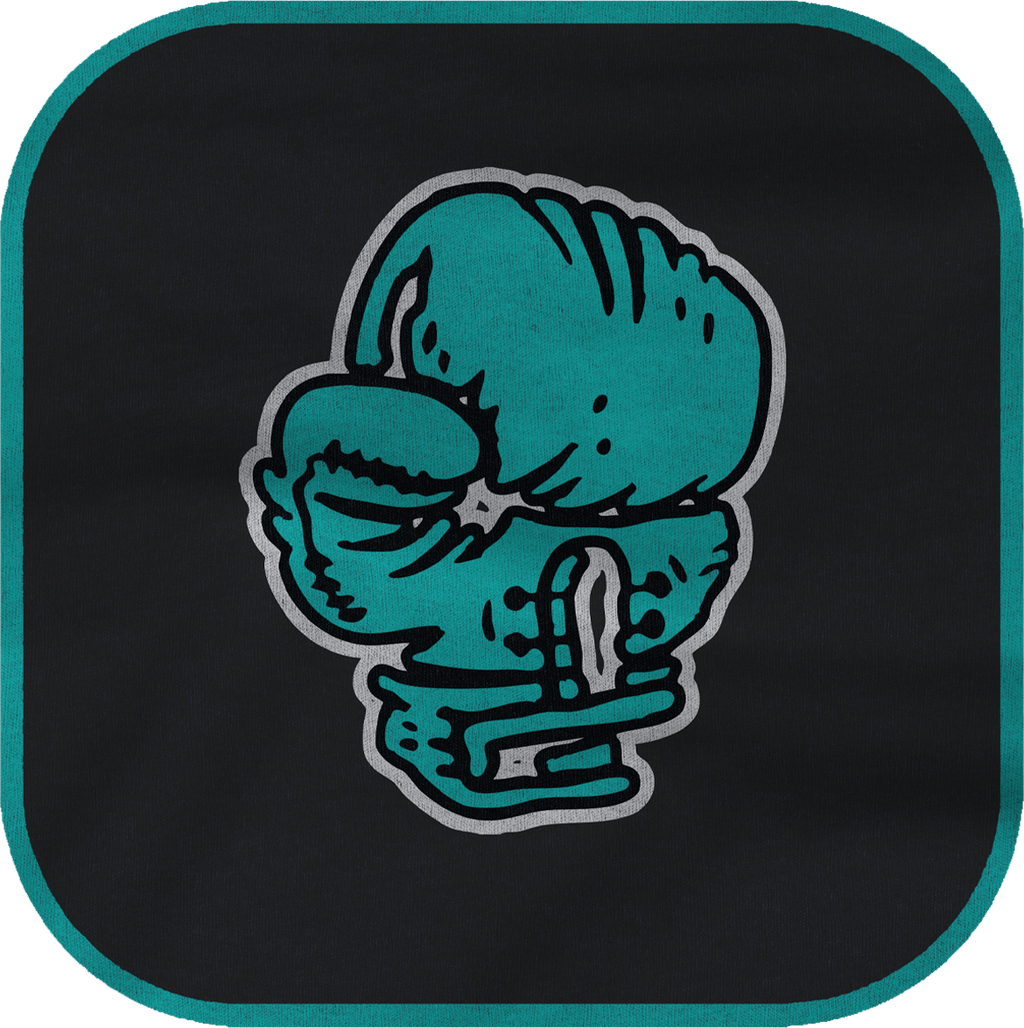 Teal boxing glove design on a black background