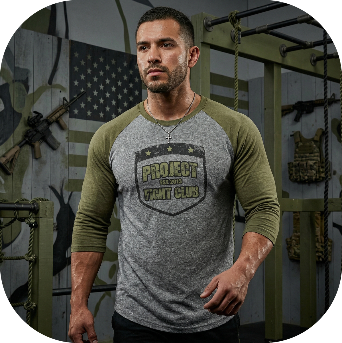 GREY & ARMY BASEBALL TEE 2 - HONOR SOLDIERS & VETERANS