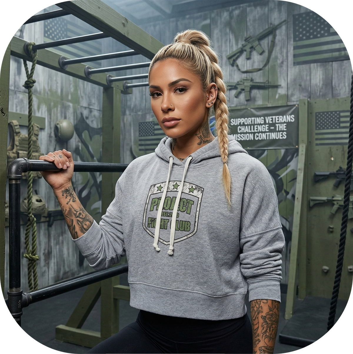 WOMENS GREY TRI BLEND CROP HOODIE - HONOR SOLDIERS & VETERANS