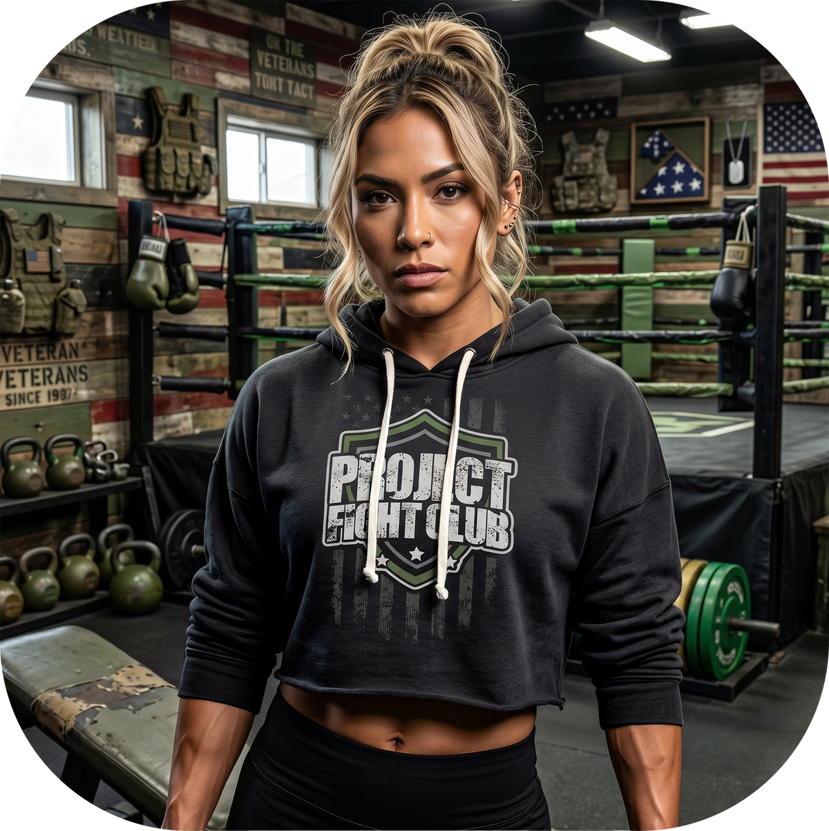 WOMENS BLACK TRI BLEND CROP HOODIE 2 - HONOR SOLDIERS & VETERANS