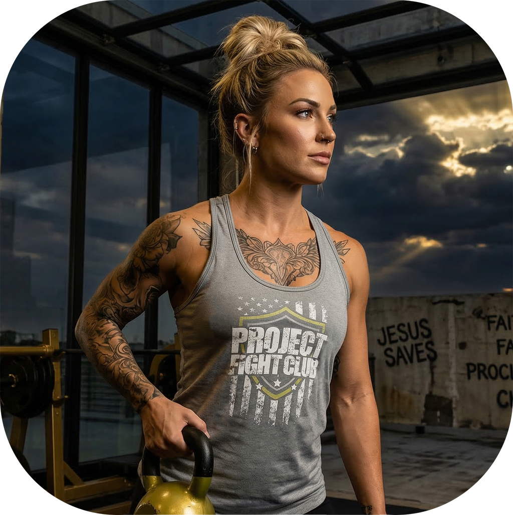 Woman holding a kettlebell with a dark sky and clouds in the background
