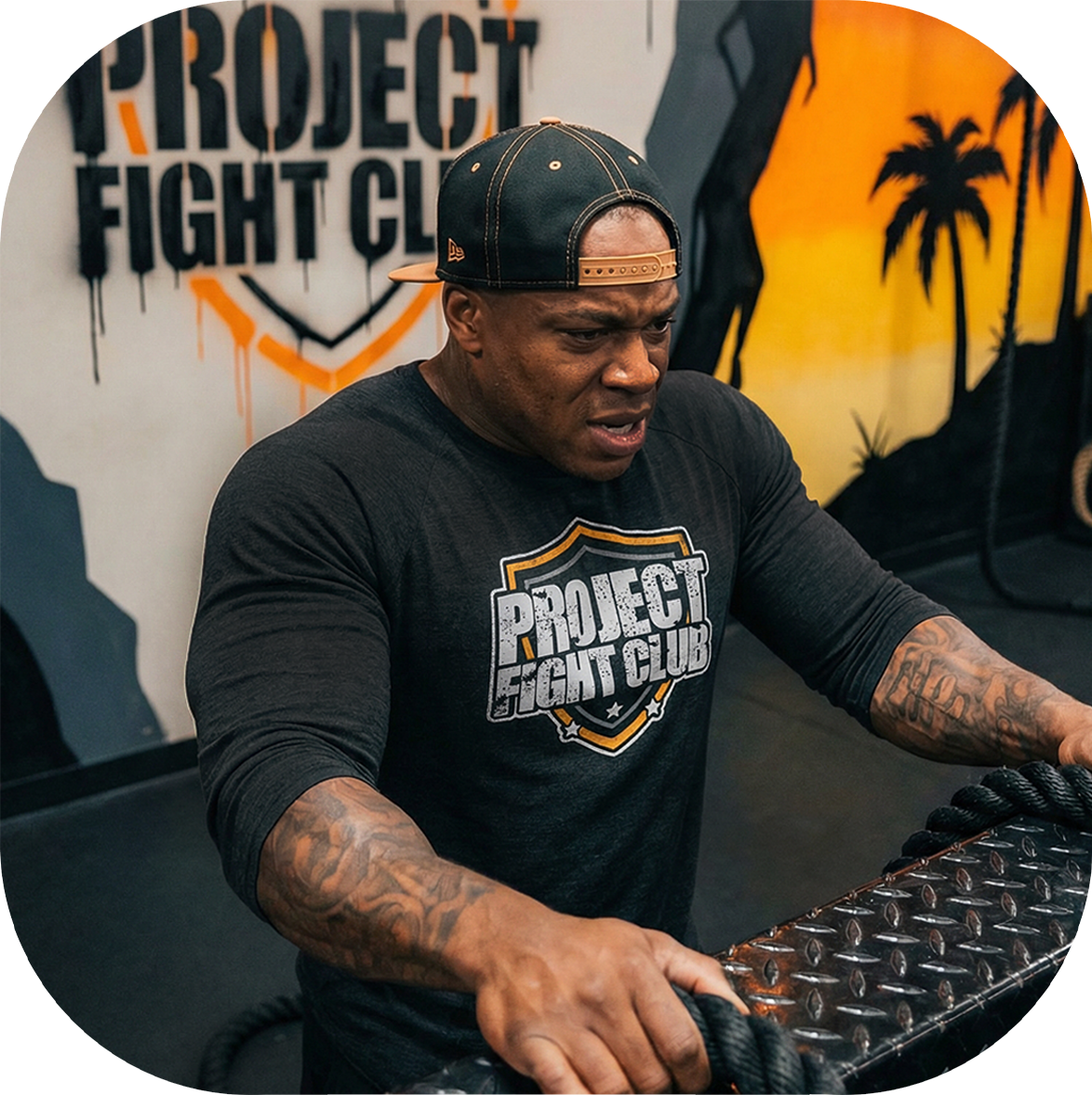 Man wearing a 'Project Fight Club' t-shirt in front of a branded wall.
