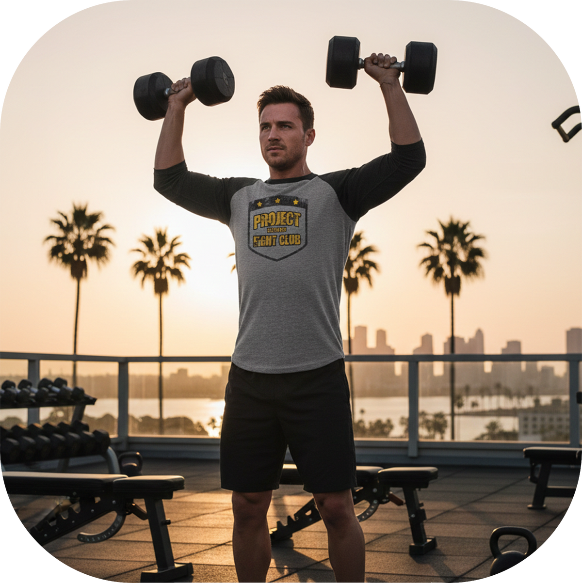 Man lifting dumbbells with a cityscape and palm trees in the background