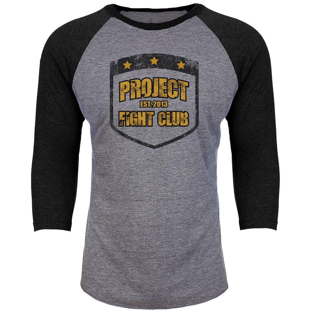 Gray and black baseball shirt with 'Project Fight Club' logo on a white background
