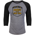 Gray and black baseball shirt with 'Project Fight Club' logo on a white background