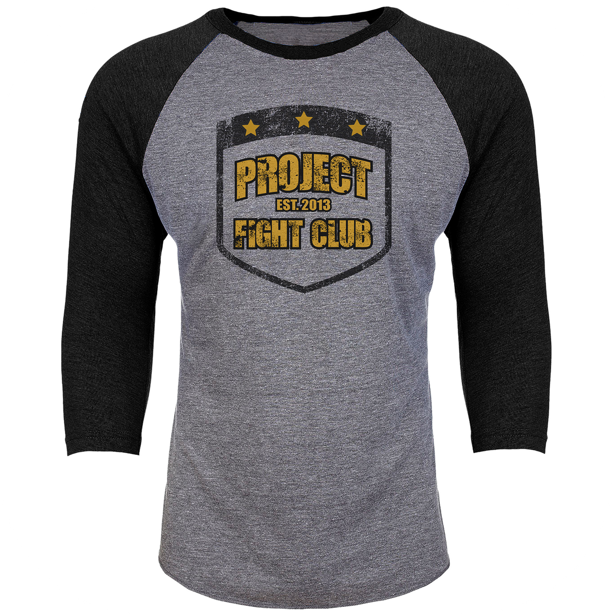 Gray and black baseball shirt with 'Project Fight Club' logo on a white background