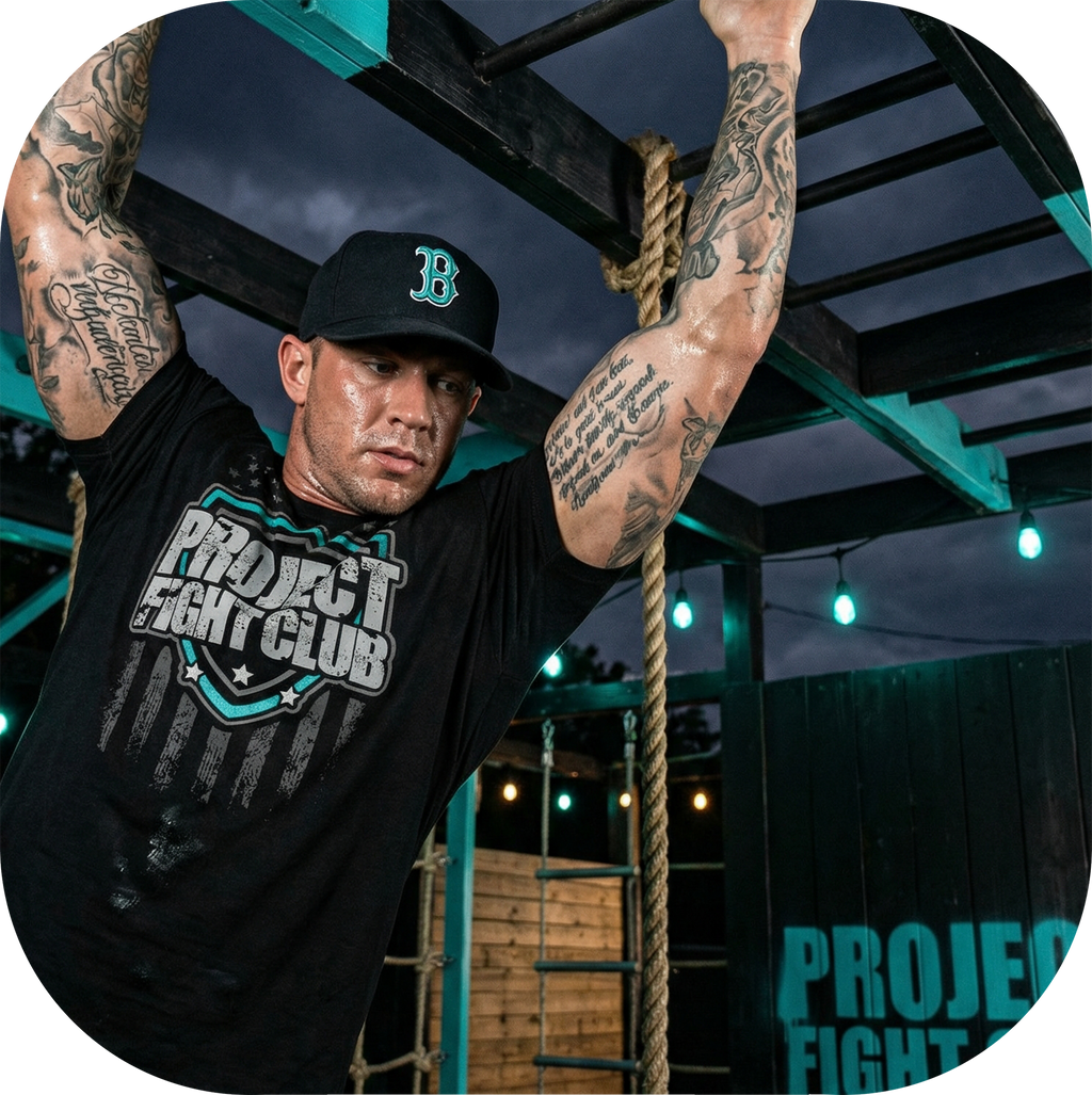 Man with tattoos lifting weights in a gym setting wearing a 'Project Fight Club' shirt.