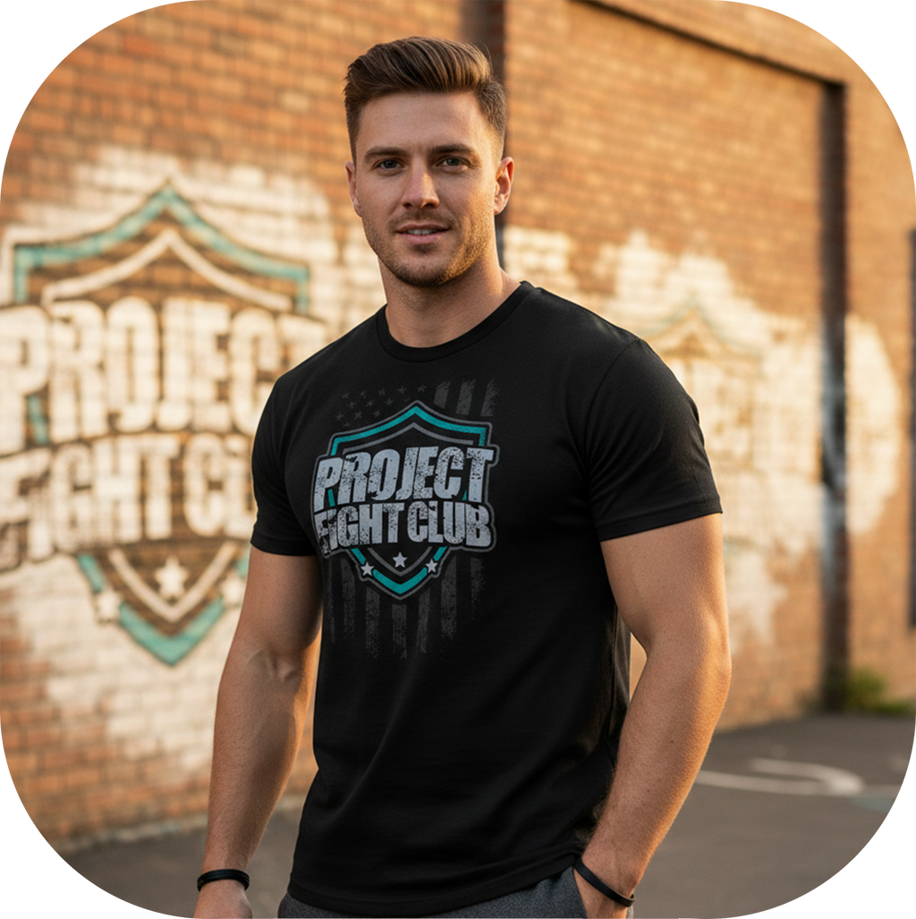 Man wearing a black 'Project Fight Club' t-shirt in front of a brick wall with graffiti.