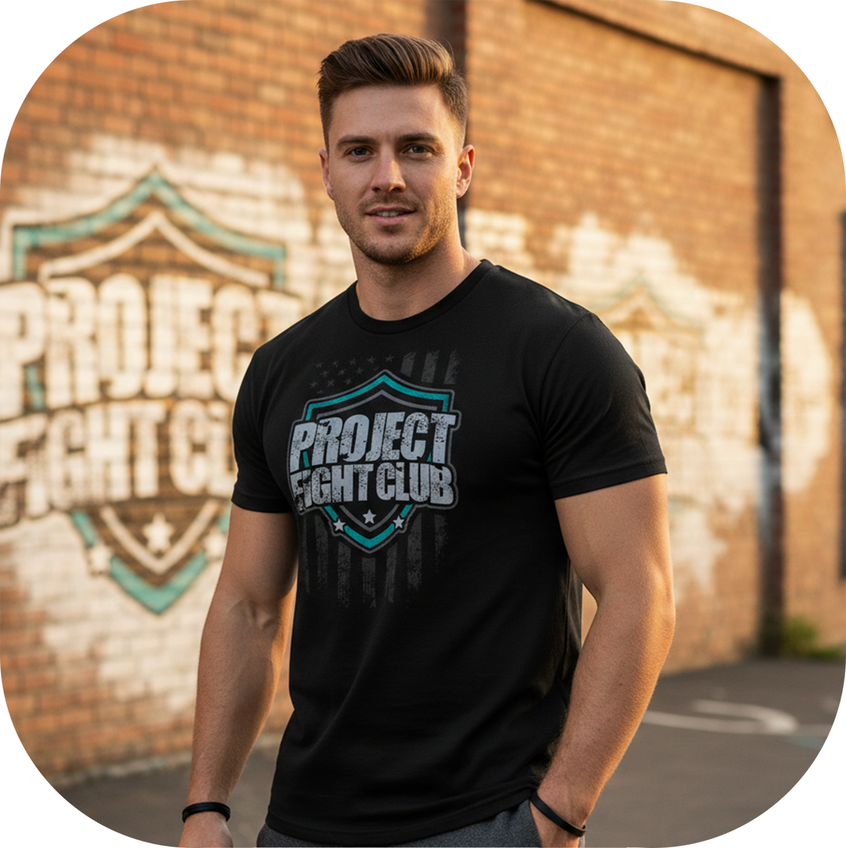 Man wearing a black 'Project Fight Club' t-shirt in front of a brick wall with graffiti.
